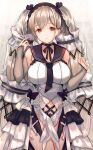  1girl absurdly_long_hair azur_lane black_choker black_neckwear black_sailor_collar bow_dress breasts choker clothing_cutout cowboy_shot detached_sleeves dress dress_flower feather_dress flower formidable_(azur_lane) formidable_(timeless_classics)_(azur_lane) hair_ornament highres large_breasts long_hair looking_at_viewer navel_cutout official_alternate_costume platinum_blonde_hair sailor_collar shibaebi_(yasaip_game) solo strapless strapless_dress twintails two-tone_dress two-tone_ribbon veil very_long_hair white_dress white_flower 