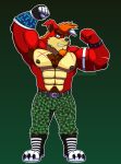activision anthro armpit_fetish armpit_hair biceps big_chest blue_eyes body_hair boots chest_hair clothing crash_bandicoot_(series) crunch_bandicoot footwear fur glistening glistening_eyes hi_res hyper male male/male military_pants muscular muscular_male red_body red_fur shoes smile smiling_at_viewer solo wulfblack
