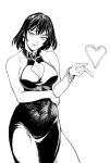  1girl bare_shoulders breasts cleavage cleavage_cutout closed_mouth clothing_cutout commentary covered_navel cowboy_shot dress english_commentary fingernails fubuki_(one-punch_man) greyscale hand_up head_tilt heart highres large_breasts looking_at_viewer medium_hair monochrome one-punch_man simple_background smile solo standing white_background y_naf 
