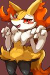 2025 4_fingers ambiguous_gender anthro arm_tuft black_body black_fur blush braixen canid canine cheek_tuft chest_tuft cute_fangs dipstick_tail emanata facial_tuft fangs fingers fox fur generation_6_pokemon hi_res inner_ear_fluff izon448 looking_at_viewer mammal markings nintendo open_mouth orange_body orange_eyes orange_fur orange_nose pokemon pokemon_(species) rawr semi-anthro shoulder_tuft simple_background solo stick tail tail_markings teeth tuft white_body white_fur yellow_body yellow_fur
