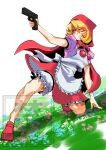  1girl b.b._hood blonde_hair blue_eyes commentary_request darkstalkers finger_on_trigger full_body gun holding holding_gun holding_weapon hood hood_up on_grass one_eye_closed pink_shirt red_hood red_skirt rosie_rosie shirt short_hair skirt solo weapon 