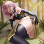  1girl armpits ass blush breasts choker cleavage clothing_cutout covering covering_ass detached_sleeves elbow_gloves embarrassed fate/grand_order fate_(series) gloves highres leotard looking_at_viewer lying mash_kyrielight oekaki_taro on_side one_eye_covered open_mouth pink_hair plant purple_eyes short_hair skirt stomach_cutout tree 
