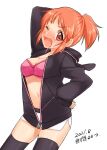  1girl abe_nana arm_behind_head arm_up artist_name black_jacket black_legwear blush breasts dated eyebrows_visible_through_hair high_ponytail idolmaster idolmaster_cinderella_girls jacket large_breasts looking_at_viewer microskirt navel one_eye_closed open_mouth orange_hair partially_unzipped red_eyes short_hair short_ponytail simple_background skirt smile solo thighhighs white_background white_skirt yoyotu 