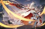  1girl absurdres antenna_hair bangs bare_shoulders black_gloves blue_eyes breasts cape city cleavage closed_mouth earrings flaming_sword flaming_weapon gauntlets gloves hair_between_eyes hair_ornament highres holding holding_sword holding_weapon honkai_(series) honkai_impact_3rd jewelry kiana_kaslana kiana_kaslana_(herrscher_of_flamescion) leg_up long_hair looking_at_viewer outdoors ponytail smile solo sunset sword sye- torn_cape torn_clothes v-shaped_eyebrows weapon white_hair 