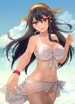  1girl :d bikini black_hair blush breasts brown_eyes cleavage collarbone commentary cowboy_shot eyebrows_visible_through_hair groin hair_between_eyes hairband haruna_(kancolle) headgear highres kantai_collection kasumi_(skchkko) large_breasts long_hair looking_at_viewer navel open_mouth sarong smile solo stomach swimsuit white_bikini white_sarong 