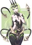  1girl absurdres asymmetrical_gloves bangs black_footwear black_gloves boots breasts claws cleavage crown earrings elbow_gloves fishnet_legwear fishnets gloves green_background green_eyes green_hair hair_between_eyes highres honkai_(series) honkai_impact_3rd index_finger_raised jewelry long_hair looking_at_viewer mobius_(honkai_impact) single_earring sky sleeveless solo thigh_boots thighhighs tongue tongue_out uneven_gloves white_background wood_cube 