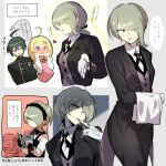  1boy 2girls ahoge akamatsu_kaede bangs black-jacket black_jacket black_pants blonde_hair blush book breasts brown_hair collared_shirt commentary_request cowboy_shot danganronpa_(series) danganronpa_v3:_killing_harmony eyes_visible_through_hair glove_pull gloves green_eyes grey_background grey_vest hair_between_eyes hair_over_one_eye hands_on_own_cheeks hands_on_own_face hands_up heart jacket long_sleeves medium_breasts mouth_pull multiple_girls multiple_views necktie open_book pants pink_sweater_vest pink_vest reading saihara_shuuichi shaded_face shirt short_hair speech_bubble suurin_(ksyaro) tailcoat thought_bubble toujou_kirumi towel translation_request vest white_background white_gloves white_shirt 