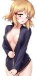  1girl areola_slip areolae blaze_pso2 blonde_hair blush breasts collarbone covered_nipples eyebrows_visible_through_hair hair_ornament hairclip highres jacket looking_at_viewer medium_breasts no_bra open_clothes open_jacket open_mouth senki_zesshou_symphogear shiny shiny_hair short_hair simple_background solo tachibana_hibiki_(symphogear) thigh_gap track_jacket white_background yellow_eyes 