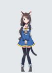  1girl absurdres aina_(mao_lian) animal_ear_fluff animal_ears ankle_boots bangs black_choker black_hair blue_eyes boots breasts brown_hair cat_ears cat_tail choker closed_mouth dress eyebrows_visible_through_hair fold-over_boots full_body grey_footwear highres jewelry long_hair long_sleeves looking_to_the_side mao_lian_(nekokao) medium_breasts necklace original own_hands_together pendant smile solo standing swept_bangs tail thighhighs white_background wristband 
