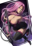  1girl absurdres bangs bare_shoulders black_dress black_legwear breasts chain cleavage collar detached_sleeves dress facial_mark fate/stay_night fate_(series) forehead forehead_mark highres large_breasts long_hair looking_at_viewer medusa_(fate) medusa_(rider)_(fate) nameless_dagger_(fate) packge parted_bangs purple_eyes purple_hair short_dress sidelocks solo thighhighs thighs very_long_hair 
