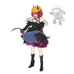  2girls arknights arknights:_endfield bare_shoulders black_boots black_dress blueprint_(object) boots breasts chibi cleavage commentary dress full_body hard_hat hashtag-only_commentary helmet holding horns horns_through_headwear jessica_(arknights) kofucchi laevatain_(arknights) long_hair long_sleeves multiple_girls off_shoulder open_mouth red_hair standing surtr_(arknights) very_long_hair 
