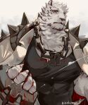  1boy animal_ears arknights bara black_tank_top blood blood_on_clothes blood_on_face blood_on_hands blood_on_weapon chain_necklace coat coat_on_shoulders covered_abs dog_tags expressionless furry furry_male highres hinokumo_f large_pectorals male_focus mountain_(arknights) muscular muscular_male pectorals scar scar_across_eye short_hair solo tank_top thick_eyebrows tiger_boy tiger_ears upper_body weapon white_fur white_hair 