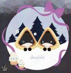  >_< blue_eyes bow character_name grin heart highres holding holding_ice_cream_cone ice_cream_cone meme_(sleepsheep) no_humans open_mouth pokemon pokemon_(creature) pokemon_focus purple_bow purple_ribbon ribbon smile snorunt snow speech_bubble spoken_heart teeth tree 