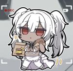  1girl alabama_(azur_lane) alabama_(through_your_lens_my_everything)_(azur_lane) apron azur_lane bag belly bikini black_ribbon blurry blurry_background breasts burger character_print chibi closed_mouth commentary_request dark-skinned_female dark_skin eating facepaint food frilled_apron frills full_body grey_shoes hair_between_eyes hair_ribbon hand_up holding holding_bag holding_burger holding_food jitome large_breasts long_hair looking_at_viewer manjuu_(azur_lane) motion_lines navel neck_ribbon nejikirio no_nose official_alternate_costume official_art pantyhose paper_bag plump recording red_eyes ribbon shoes sidelocks solo standing swimsuit twintails very_long_hair viewfinder waist_apron white_apron white_bikini white_hair white_pantyhose white_ribbon 