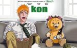  1boy alcohol beer beer_bottle bleach bleach:_epilogue bleach:_sennen_kessen-hen bottle brown_eyes cosplay couch curtains drunk kon_(bleach) kurosaki_ichigo movie_poster_(medium) necktie non-web_source orange_hair parody poster_parody stuffed_animal stuffed_toy style_parody ted_(movie) teddy_bear window 