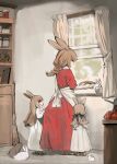  3girls animal_ears apron braid bunny cup curtains dress dress_grab food indoors jar long_hair long_sleeves mother_and_daughter mug multiple_girls original pie rabbit_ears rabbit_girl red_dress red_eyes shirokujira sleeves_rolled_up waist_apron white_dress window 