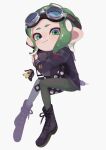  1girl black_legwear closed_mouth eyewear_on_head gen_3_pokemon green_eyes green_hair highres inkling keychain leggings looking_at_viewer mawile object_hug pokemon short_hair simple_background sitting smile splatoon_(series) splatoon_2 white_background 