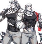 1boy alternate_costume animal_ears arknights bandaged_hands bandages bara bare_shoulders black_tank_top breath bulge fingerless_gloves furry furry_male gloves graysheartart grey_pants hand_under_clothes highres large_pectorals male_cleavage male_focus midriff_peek mountain_(arknights) multiple_views muscular muscular_male pants pectorals scar scar_across_eye scar_on_arm short_hair sidepec tank_top thick_eyebrows tiger_boy tiger_ears towel track_pants white_fur white_hair 