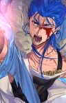  1boy angry black_shirt blood blood_on_face blue_hair cu_chulainn_(caster)_(fate) cu_chulainn_(fate) earrings fate/grand_order fate_(series) hair_strand highres injury jewelry long_hair male_focus one_eye_closed open_mouth red_eyes shirt sleeveless sleeveless_shirt uni_(nico02) upper_body 