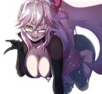  1girl animal_ear_fluff animal_ears bangs black_bodysuit bodysuit bow breasts center_opening choker cleavage fang fate/grand_order fate_(series) fox_ears fox_girl fox_tail glasses hair_between_eyes hair_bow highres hip_vent koyanskaya_(fate) large_breasts leaning_forward long_hair looking_at_viewer one_eye_closed open_mouth pink_bow pink_hair ponytail sidelocks smile tail tamamo_(fate) thighs utani_(punishment) yellow_eyes 