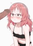  1boy 1girl bangs bare_arms bare_shoulders black_bra black_panties blush bra breasts brown_eyes collarbone cum cum_on_hair glasses grey_background haeil2 hetero highres long_hair mie_(sukinako_ga_megane_wo_wasureta) navel open_mouth pale_skin panties penis penis_awe shiny shiny_hair simple_background solo_focus stomach sukinako_ga_megane_wo_wasureta sweat underwear underwear_only white_background 