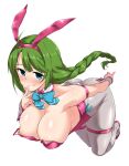  1girl animal_ears armband ass bare_shoulders blue_eyes bow bowtie braid breasts commentary_request detached_collar fake_animal_ears finger_to_mouth from_above green_hair grey_legwear huge_breasts kantai_collection kneeling large_breasts leotard long_hair looking_at_viewer mole mole_under_mouth nipple_slip nipples pantyhose playboy_bunny rabbit_ears rabbit_tail single_braid solo strapless strapless_leotard tail thigh_strap very_long_hair wrist_cuffs yoshi_tama yuugumo_(kancolle) 