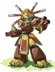  1boy arm_cannon brown_armor character_request commentary_request full_body helmet highres humanoid_robot male_focus medarot mota_saru on_grass robot simple_background solo standing weapon white_background yellow_helmet 