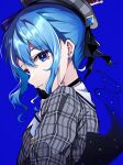  1girl absurdres bangs beret black_choker blue_background blue_eyes blue_hair bracelet choker commentary_request earrings eyebrows_visible_through_hair hat highres hololive hoshimachi_suisei jacket jewelry long_sleeves pension_z plaid plaid_jacket sidelocks simple_background solo star_(symbol) star_earrings star_in_eye symbol_in_eye virtual_youtuber 