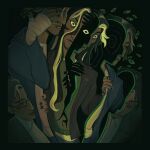  1boy aquiline_nose black_hair body_horror closed_mouth commentary crack dark-skinned_male dark_skin design_speculation english_commentary facial_hair green_eyes grey_hair highres horror_(theme) jonathan_sims lips long_hair male_focus multicolored_hair nose scar scar_on_face shirt short_hair simple_background sleepnos sliced split_head surreal the_magnus_archives two-tone_hair upper_body 