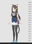  1girl absurdres aina_(mao_lian) animal_ear_fluff animal_ears bare_shoulders black_legwear blue_bow blue_eyes blue_footwear blue_neckwear blue_vest blush bow bowtie breasts brown_hair cat_ears cat_tail cleavage closed_mouth flower hair_flower hair_ornament height_chart high_heels highres long_hair mao_lian_(nekokao) medium_breasts miniskirt original pleated_skirt skirt smile solo tail thighhighs vest white_skirt yellow_flower 