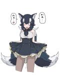  1girl absurdres animal_ears artist_request bare_shoulders black_hair blue_eyes blush breasts eyebrows_visible_through_hair fangs grey_wolf_(kemono_friends) heart heterochromia highres kemono_friends large_breasts looking_down multicolored_hair open_mouth simple_background solo speech_bubble tail tail_wagging translation_request two-tone_hair white_background white_hair wolf_ears wolf_girl wolf_tail yellow_eyes 