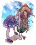  ! 1girl black_footwear blue_skirt blue_sky bow eyebrows_visible_through_hair food from_side fruit full_body hair_bow highres holding holding_food holding_fruit horn_ornament horns ibuki_suika leaning_forward lens_flare light_brown_hair long_hair looking_at_viewer looking_to_the_side low-tied_long_hair open_mouth orange_eyes red_bow shen_li shirt shoes skirt sky sleeveless sleeveless_shirt socks solo standing touhou transparent_background watermelon white_legwear wrist_cuffs 