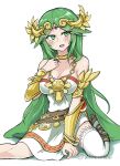  1girl arm_between_legs arm_guards arm_support blush breasts chain_necklace choker cleavage dress green_eyes green_hair hair_ornament hand_on_own_chest jewelry kid_icarus large_breasts long_hair on_floor open_mouth palutena pendant shadow simple_background sitting smile solo strapless strapless_dress thighhighs tiara very_long_hair wariza white-stew white_background white_dress white_legwear zettai_ryouiki 
