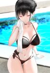  1girl bangs bare_shoulders bikini black_bikini black_hair blush breasts choker cleavage closed_eyes collarbone duplicate hair_bun highres kfr large_breasts mole mole_on_breast navel original pixel-perfect_duplicate short_hair smile solo swimsuit thighs towel wet 