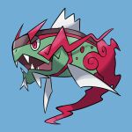  basculegion blue_background commentary_request fangs fish full_body no_humans open_mouth pokemon pokemon_(creature) red_eyes shadow_(modeler3622) simple_background solo tongue 