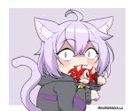  2girls ahoge animal_ears blush_stickers cat_ears cat_tail gorgenzolla hakos_baelz hololive hololive_english hood hoodie mouse_ears mouth_hold multiple_girls nekomata_okayu paw_pose purple_eyes purple_hair red_hair tail twitter_username virtual_youtuber 