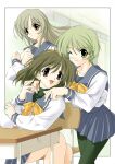  3girls absurdres black_thighhighs blush book brown_hair green_eyes green_hair hairband high-waist_skirt highres hizuki_ayaka holding holding_book imasaka_yue long_hair looking_at_viewer memories_off memories_off_1 miniskirt multiple_girls non-web_source official_art one_eye_closed open_mouth otowa_kaoru sailor sasaki_mutsumi school_uniform short_hair skirt smile thighhighs yellow_hairband 