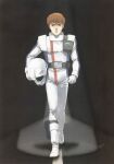  1980s_(style) 1boy absurdres amuro_ray ankle_holster belt brown_hair char's_counterattack character_name dated earth_federation gundam helmet highres holding holding_unworn_helmet kitazume_hiroyuki mecha_pilot_suit normal_suit_(gundam) official_art painting_(medium) production_art promotional_art retro_artstyle scan science_fiction signature solo space_helmet spacesuit traditional_media unworn_headwear unworn_helmet walking_towards_viewer 