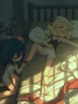 2girls absurdres bangs black_camisole blonde_hair bloomers blue_hair camisole closed_eyes commentary cressey_(porforever) cup drooling english_commentary freckles hand_on_own_stomach head_bump highres indoors lantern lying multiple_girls on_back on_bed open_mouth original pillow porforever short_hair short_sleeves sleeping strap_slip sweatdrop underwear underwear_only 