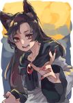  1girl absurdres black_scarf bright_pupils brown_hair colored_inner_hair fingernails grey_pupils hand_up highres imaizumi_kagerou long_hair long_sleeves looking_at_viewer multicolored_hair nail_polish open_mouth red_eyes red_nails reiga_(act000) scarf shirt solo touhou white_shirt 