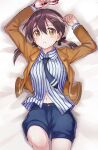  1girl blue_shorts blush breasts brown_eyes brown_hair eyewear_removed gertrud_barkhorn glasses hair_ornament hairclip looking_at_viewer lying navel necktie niina_ryou on_back open_mouth shiny shiny_hair shirt shorts small_breasts solo strike_witches striped striped_shirt world_witches_series 