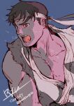  1boy blue_background brown_eyes character_name commentary_request dougi headband highres male_focus medium_sideburns mista0930 open_mouth pectorals ryu_(street_fighter) short_hair sideburns simple_background sleeveless solo street_fighter street_fighter_zero_(series) teeth thick_eyebrows twitter_username upper_body white_dougi white_headband 