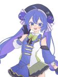  1girl beret black_gloves black_hat blue_eyes blue_hair blue_vest detached_sleeves gloves hand_up hashtag-only_commentary hat highres komori_kamome long_hair looking_at_viewer miniskirt open_mouth otomachi_una skirt solo twintails very_long_hair vest vocaloid 