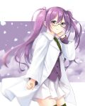  1girl arm_up bangs buttons closed_mouth commentary_request fate/grand_order fate_(series) glasses green-framed_eyewear green_legwear green_neckwear hair_between_eyes hand_on_own_face iris_yayoi labcoat long_hair long_sleeves looking_at_viewer miniskirt necktie open_clothes purple_eyes purple_hair purple_shirt shirt sion_eltnam_sokaris skirt smile solo thighhighs twintails white_skirt 