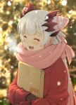  1girl alternate_costume blurry blurry_background blush brown_mittens christmas christmas_lights closed_eyes coat commentary_request cone_hair_bun curled_horns demon_horns depth_of_field detached_collar double_bun enpera envelope from_side gradient_hair grey_hair hair_bun haniwa_(leaf_garden) headgear highres holding holding_envelope horns indie_virtual_youtuber mittens multicolored_hair open_mouth pink_hair pink_scarf pink_streaks pointy_ears red_coat red_horns scarf side_up_bun sidelighting smile snowing solo spiked_horns streaked_hair suou_patra upper_body virtual_youtuber 