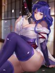  1girl areola_slip areolae bangs bare_shoulders between_breasts braid braided_ponytail breast_hold breasts chihunhentai cleavage detached_collar genshin_impact hair_ornament japanese_clothes katana kimono knees_up large_breasts long_hair long_sleeves looking_at_viewer obi off_shoulder petals purple_eyes purple_hair purple_kimono purple_legwear pussy_juice raiden_shogun sash sitting sword thighhighs thighs weapon wide_sleeves 