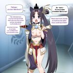  1girl :o armor asymmetrical_clothes asymmetrical_sleeves bilingual_commentary black_hair blue_eyes blurry blurry_background breasts breasts_squeezed_together commentary_request cowboy_shot detached_sleeves english_text fate/grand_order fate_(series) feather_hair_ornament feathers furrowed_brow hair_ornament hallway hat highres in_(ain) japanese_armor knees_together_feet_apart korean_commentary kusazuri long_hair looking_at_viewer medium_breasts mismatched_sleeves mixed-language_commentary navel nipples purple_sleeves revealing_clothes showgirl_skirt side_ponytail single_pantsleg solo speech_bubble standing tate_eboshi ushiwakamaru_(fate) ushiwakamaru_(second_ascension)_(fate) very_long_hair 