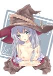  1girl blush_stickers braid breasts clothes_down commentary crossed_arms elaina_(majo_no_tabitabi) hair_tie hat highres long_hair looking_at_viewer majo_no_tabitabi miyama_leaves nipples open_mouth silver_hair simple_background solo upper_body white_background witch_hat 