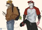 absurd_res american_opossum anthro arm_tattoo backpack band-aid band-aid_on_face band-aid_on_nose bandage bandage_on_face bandage_on_nose baseball_cap beanie bottomwear brown_body brown_fur cellphone clothed clothed_anthro clothed_male clothing denim denim_bottomwear denim_clothing duo ekzonzz electronics eyewear facial_markings fully_clothed fully_clothed_anthro fully_clothed_male fur glasses grey_body grey_fur hairless_tail hat head_markings headgear headphones headwear hi_res holding_cellphone holding_object holding_phone holding_smartphone jeans male mammal markings marsupial mask_(marking) pants phone procyonid raccoon shirt skateboard skater smartphone sweater t-shirt tattoo topwear vehicle wearing_glasses whiskers
