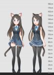 1girl absurdres aina_(mao_lian) animal_ear_fluff animal_ears bare_shoulders black_footwear black_legwear black_vest blue_eyes blue_neckwear blue_ribbon blue_skirt blush brown_hair cat_ears cat_tail closed_mouth collared_shirt height_chart highres long_hair looking_at_viewer mao_lian_(nekokao) miniskirt multiple_views neck_ribbon open_mouth original parted_lips pigeon-toed ribbon shirt shoes skirt sleeveless sleeveless_shirt smile tail thighhighs vest white_shirt wing_collar zettai_ryouiki 